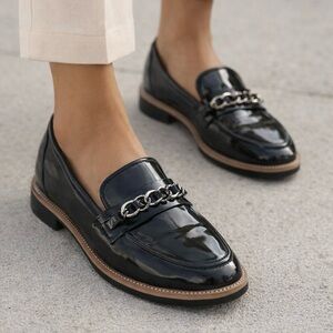 Alex Marie Glossy Black Loafers with Chain Detail
